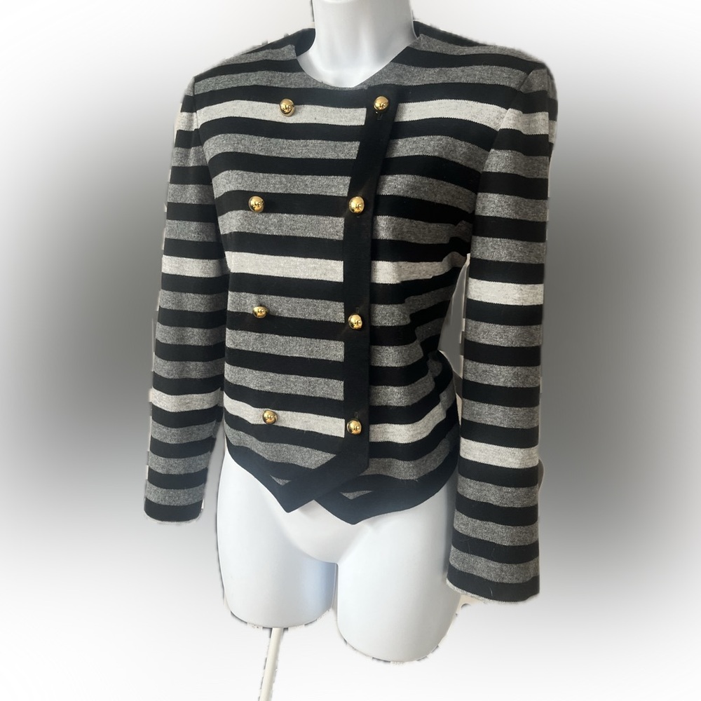 Vintage Leslie Fay Black and Gray Military Style Fitted Cropped Blazer
